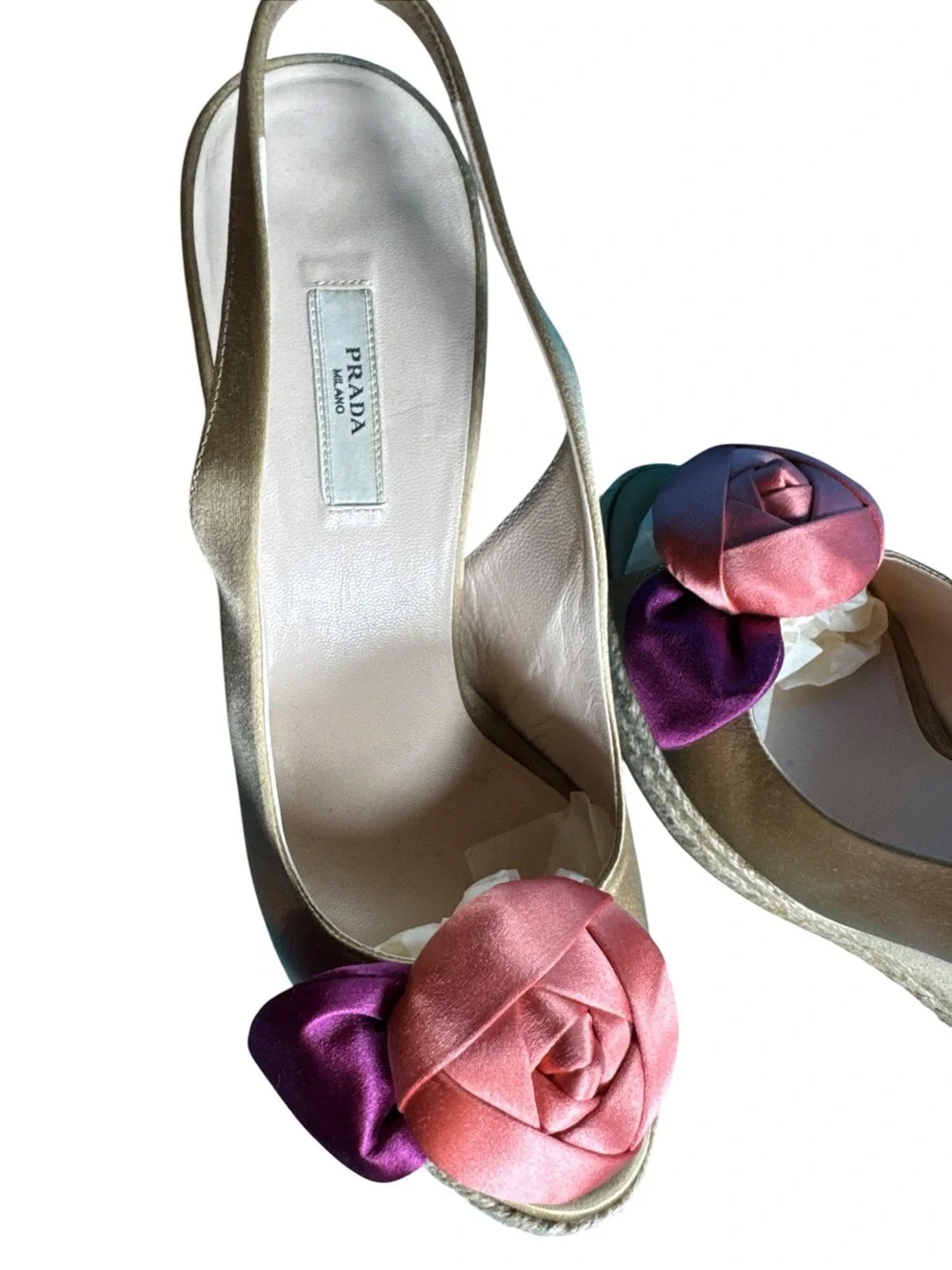 Prada Milano Champagne Satin  Rose Espadrille Wedge  Sandals Size 36 US 6